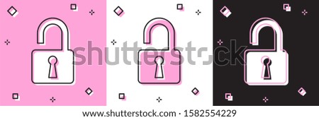 Set Open padlock icon isolated on pink and white, black background. Opened lock sign. Cyber security concept. Digital data protection. Safety safety.  