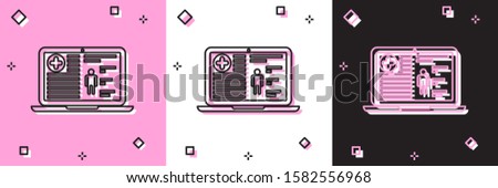 Set Medical clinical record on laptop icon isolated on pink and white, black background. Health insurance form. Prescription, medical check marks report.  