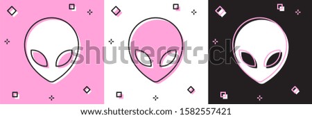 Set Alien icon isolated on pink and white, black background. Extraterrestrial alien face or head symbol.  