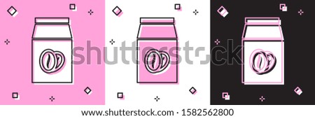Set Coffee beans in bag icon isolated on pink and white, black background.  