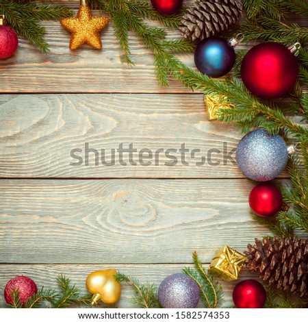 Christmas tree with decoration on a wooden Board. Christmas toy. New year. Free space for text.