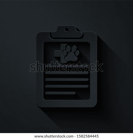 Paper cut Clipboard with medical clinical record pet icon isolated on black background. Health insurance form. Medical check marks report. Paper art style. 