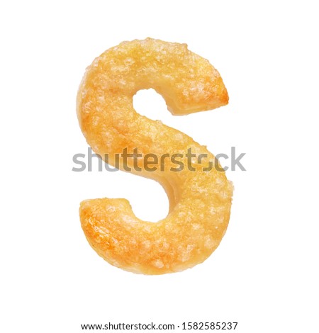 Letter S made made from baked dough or cookie isolated on white background