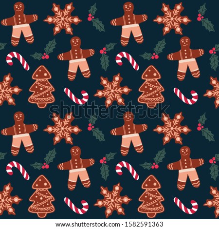  Christmas and New Year seamless pattern with gingerbread man, snowflake, Christmas tree, candy and holly Christmas plant. Holiday vector illustration.