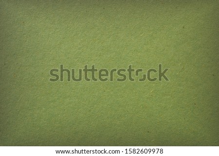 The surface of a sheet of green cardboard. Calm relaxing background or wallpaper. Rough natural paper texture with cellulose fibers. Square vignetting fogging around the edges. View from above. Macro