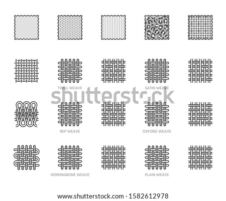 Fabric sample flat line icons set. Weave types, different clothing materials, textile swatch, animal print, cotton, velvet vector illustrations. Outline pictogram for tailor store. Editable Strokes. Royalty-Free Stock Photo #1582612978