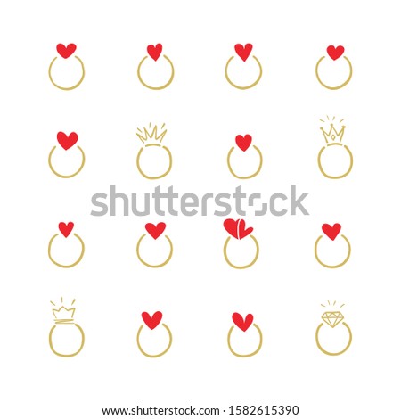 Wedding rings simple isolated vector set. Rings with hearts, crowns and a diamond. Jewelry rings hand-drawing on a white background. For Valentine's Day. A collection of hearts for creativity.