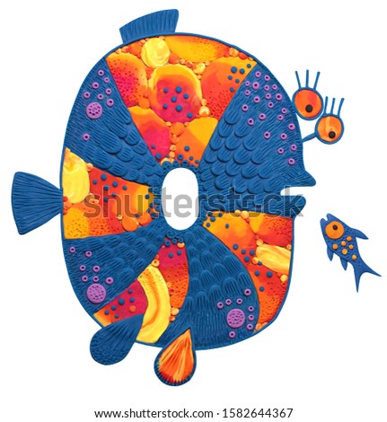 funny orange-blue fish the sun, molded from plasticine, surprised, bulging eyes, meets a small fish