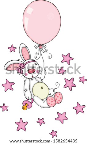 Cute baby girl bunny with pacifier and balloon flying on stars

