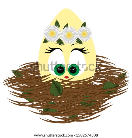 Yellow easter egg with cute eyes in the nest. Vector art