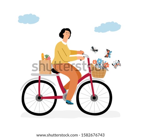 Woman on bicycle concept. Young happy girl on bike. Trendy lifestyle and brunette lady activity, vector female character ride with food, flowers and butterflies