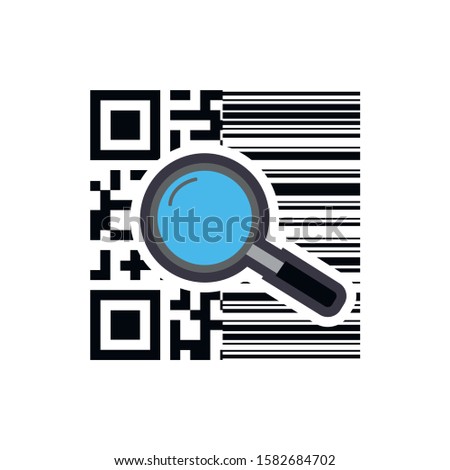 Research barcode. Vector illustration Magnifying glass and barcode isolated on a white background. Business technology symbol.  Magnifying glass searching barcode. 
