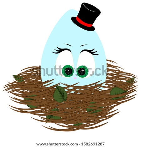 Blue easter egg with cute eyes in the nest. Vector art