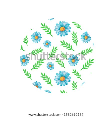 Clipart at circle with watercolor floral elements of Chamomile and branch leaves.
Summer elements for card making, invitation, posters and wrapping.
Garden and summer composition with plants.