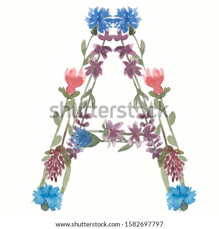 Watercolor Floral Monogram Letter A. hand drawn ABC alphabet. Wildflowers letters.