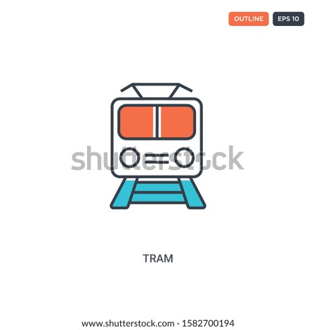 2 color Tram concept line vector icon. isolated two colored Tram outline icon with blue and red colors can be use for web, mobile. Stroke line eps 10.
