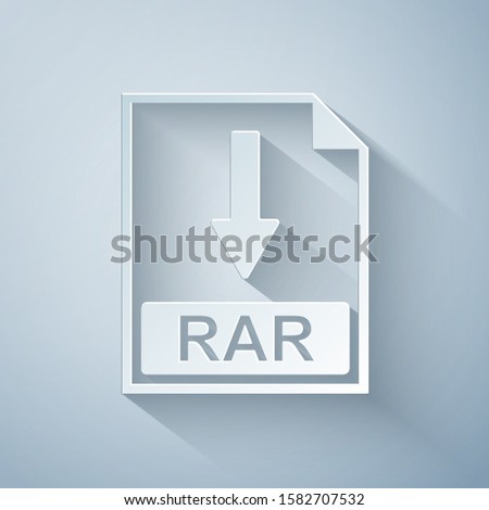 Paper cut RAR file document icon. Download RAR button icon isolated on grey background. Paper art style. Vector Illustration