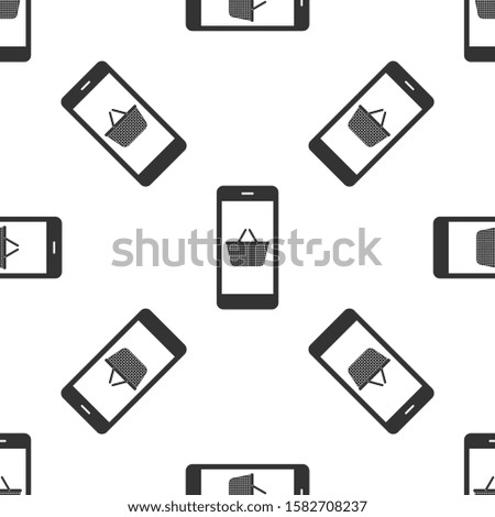 Black Mobile phone and shopping basket icon isolated seamless pattern on white background. Online buying symbol. Supermarket basket symbol.  Vector Illustration