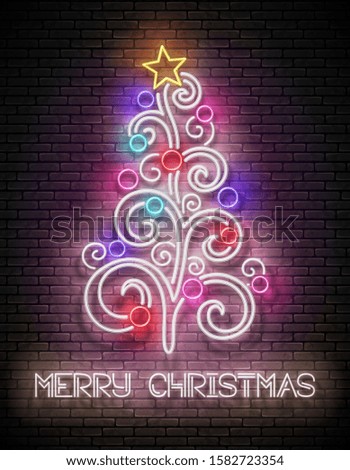 Glow Greeting Card with Christmas Tree, Gifts and Inscription. Happy New Year Holiday Postcard Template. Shiny Neon Poster, Flyer, Banner. Brick Wall. Vector 3d Illustration. Clipping Mask, Editable