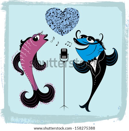 illustration of two cartoon singing fishes