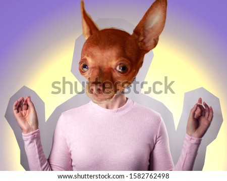 Modern art collage. Female model with dog face instead head on bright background.