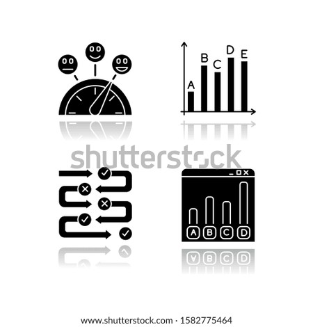 Survey drop shadow black glyph icons set. Satisfaction level. Evaluation scale. Statistics analysis. Questioning process. Correct and wrong. Online data collection. Isolated vector illustrations