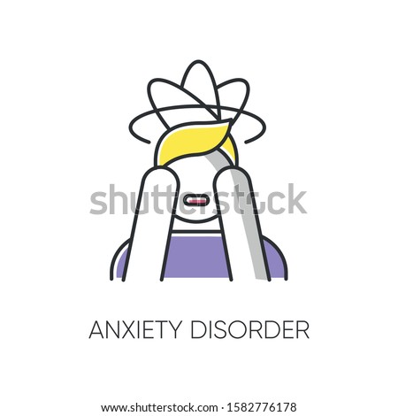Anxiety disorder color icon. Fear and worry. Depressed man. Panic attack. Distress. Headache and migraine. Confused thoughts. Mental problem. Stress and tension. Isolated vector illustration