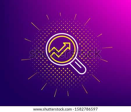 Chart line icon. Halftone pattern. Report graph or Sales growth sign in Magnifying glass. Analysis and Statistics data symbol. Gradient background. Analytics line icon. Yellow halftone pattern. Vector