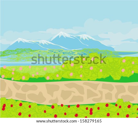 Vector landscape Stone path in the mountains