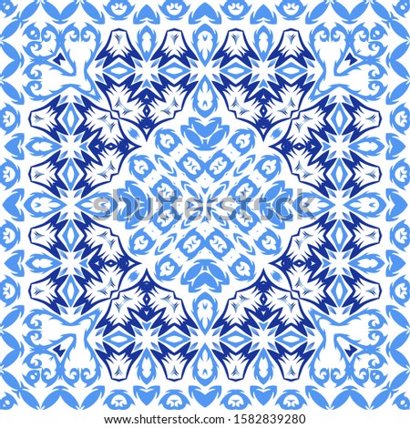 Portuguese ornamental azulejo ceramic. Modern design. Collection of vector seamless patterns. Blue vintage backdrops for wallpaper, web background, towels, print, surface texture, pillows.