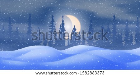 Fantasy on the theme of the winter landscape. Night, moon and forest. Snowdrifts, it is snowing. Vector illustration, EPS10