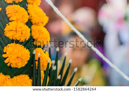 A picture of a yellow flower close up arranged on a banana leaf  In the pan by using the religious ceremonies.