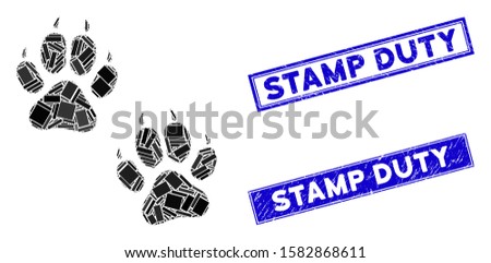Mosaic tiger footprints icon and rectangle Stamp Duty rubber prints. Flat vector tiger footprints mosaic icon of random rotated rectangle elements. Blue Stamp Duty rubber seals with scratched surface.