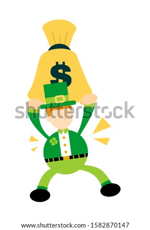happy Leprechaun and Money Bag Dollar Cartoon doodle flat design style vector illustration