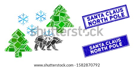 Mosaic frost Siberia icon and rectangle Santa Claus North Pole seal stamps. Flat vector frost Siberia mosaic icon of randomized rotated rectangular items.