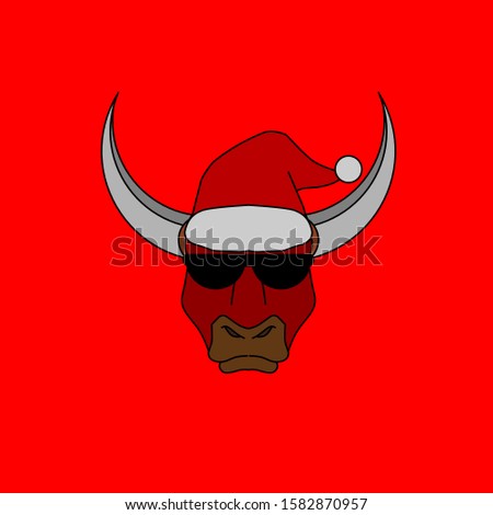 the bull buffalo wear glasses cartoon christmas with santa claus cap logo design on red background
