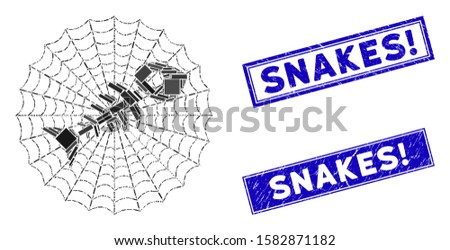 Mosaic dead fish net icon and rectangular Snakes! stamps. Flat vector dead fish net mosaic icon of scattered rotated rectangle elements. Blue Snakes! rubber stamps with grunge surface.