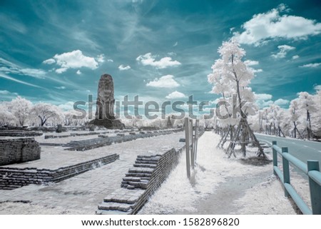 Ruined ancient Buddhist temple and pagoda in Autthya historical park, Thailand in infrared photography