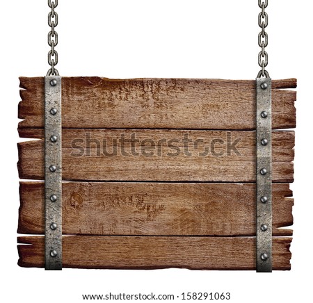 old wood signboard hanging on chain