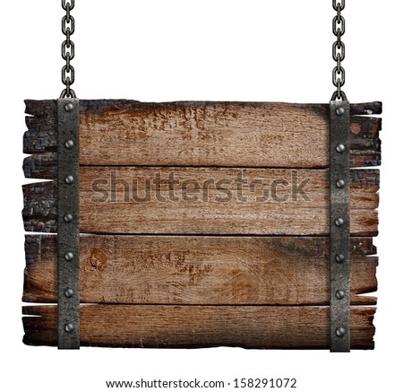 old burnt wood sign board on chain