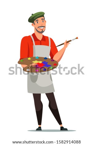 Smiling french artist flat vector illustration. Painter with color palette cartoon character. Man with drawing tools isolated on white background. Frenchman holding painting equipment