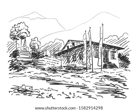 Sketch of small monastery with praying flags and small stupa surrounded by trees on background of mountains, Hand drawn vector illustration. Nepal Himalayas