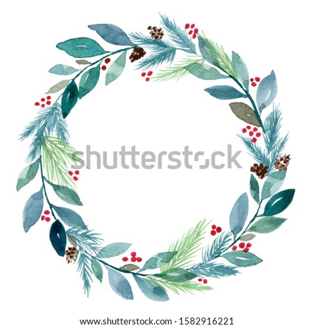 Christmas wreath with leave red berry and pine twig using watercolor isolated on white background with clipping path for winter design purpose