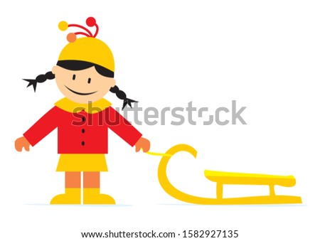 Little girl and sledge, vector illustration, white background. One person at red and yellow winter dress.