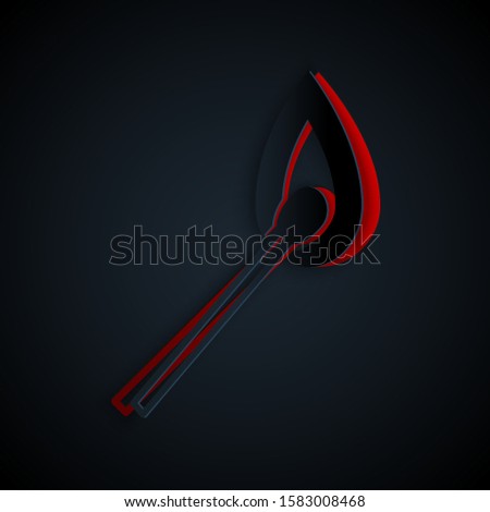 Paper cut Burning match with fire icon isolated on black background. Match with fire. Matches sign. Paper art style. Vector Illustration