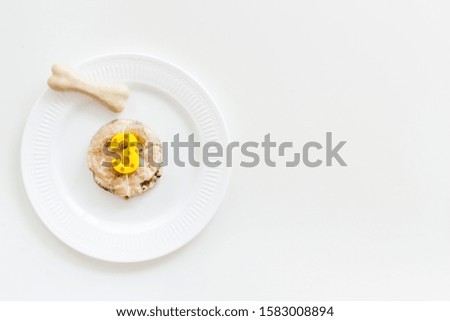Birthday party for puppy concept. Dog feed, candle in shape of number three, bones on white background top-down copy space