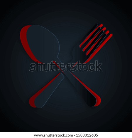 Paper cut Crossed fork and spoon icon isolated on black background. Cooking utensil. Cutlery sign. Paper art style. Vector Illustration