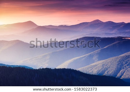 Calm evening landscape in the mountains at sunset. Location place of Carpathian national park, Ukraine, Europe. Wild environment. Splendid natural wallpaper. Discover the beauty of earth.
