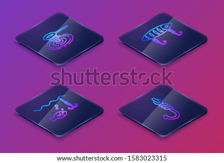 Set Isometric line Fishing net in water, Fishing hook under water with fish, Fishing lure and Fishing hook. Blue square button. Vector