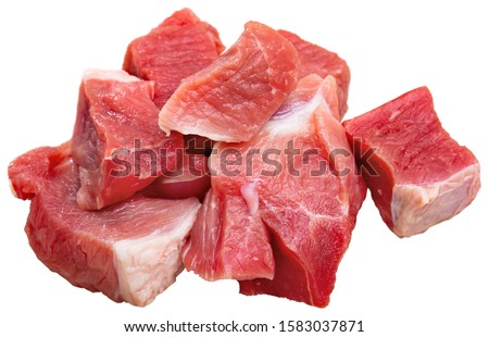 Raw pork neck meat cuts, top view fresh slices. Isolated over white background